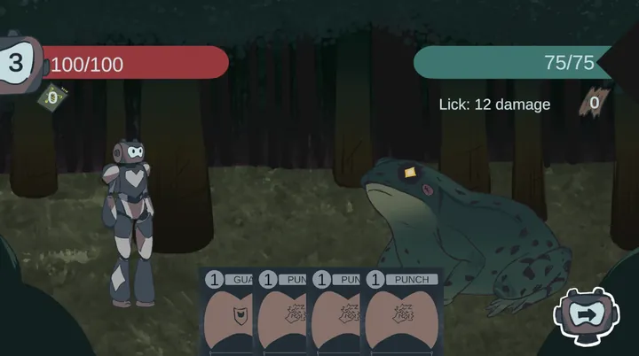 Search of the Core: a small robot faces a giant toad in a card battle.